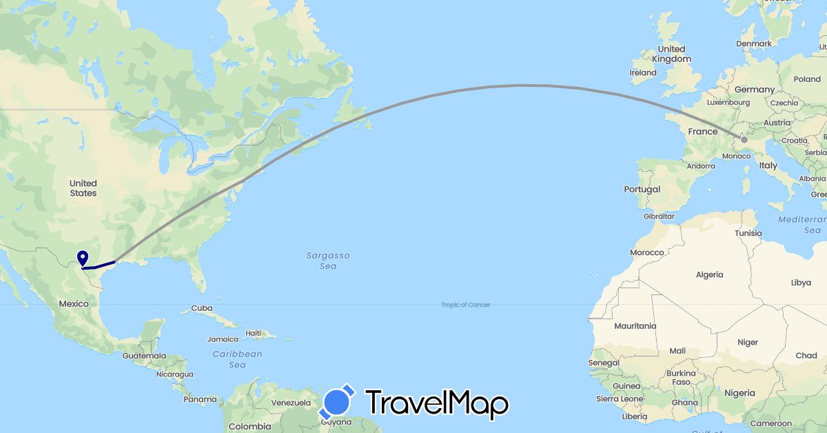 TravelMap itinerary: driving, plane in Italy, United States (Europe, North America)